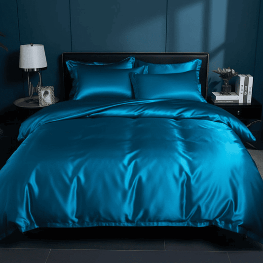 Satin bedding set made up on a bed