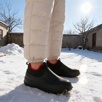 Blue slip-on garden utility shoes angled view