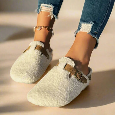 Faux shearling mule slippers side profile and footbed