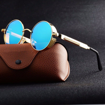 Gold frame steampunk round sunglasses with blue mirrored lenses