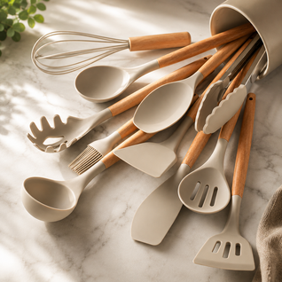 Silicone Kitchenware Set with Bamboo Handles