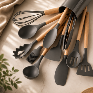 Silicone Kitchenware Set with Bamboo Handles