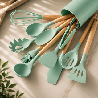 Silicone Kitchenware Set with Bamboo Handles