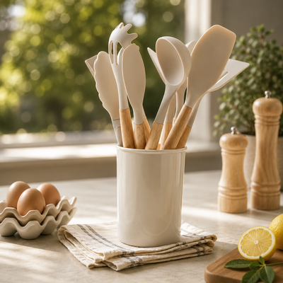 Silicone Kitchenware Set with Bamboo Handles