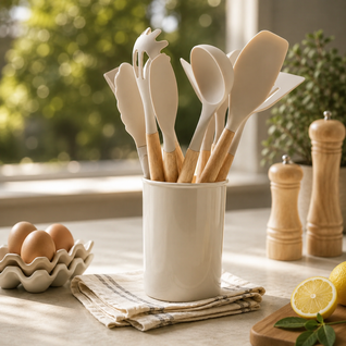 Silicone Kitchenware Set with Bamboo Handles