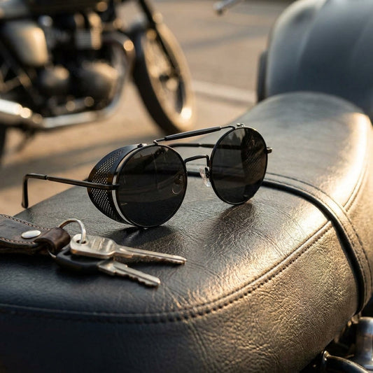 Round side shield riding sunglasses on a leather seat beside keys