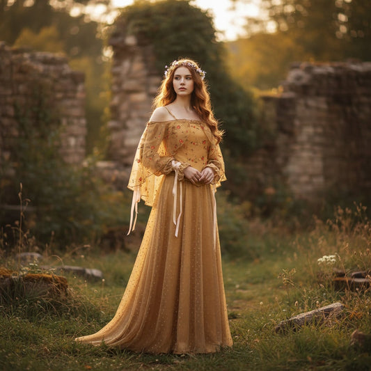 Gold brown medieval fantasy costume dress off shoulder full length