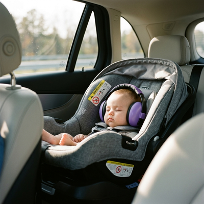 Baby in car seat wearing purple ear muffs during travel