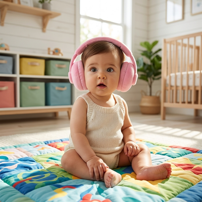 Baby on play mat wearing pink plush ear muffs in nursery
