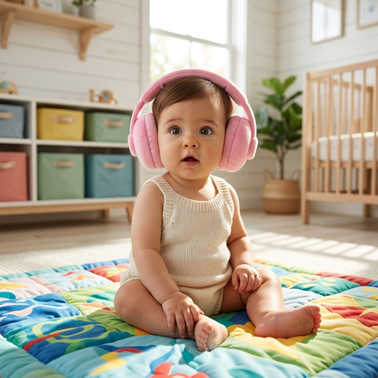 Baby on play mat wearing pink plush ear muffs in nursery