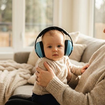 Baby wearing blue ear muffs being cradled by parent indoors