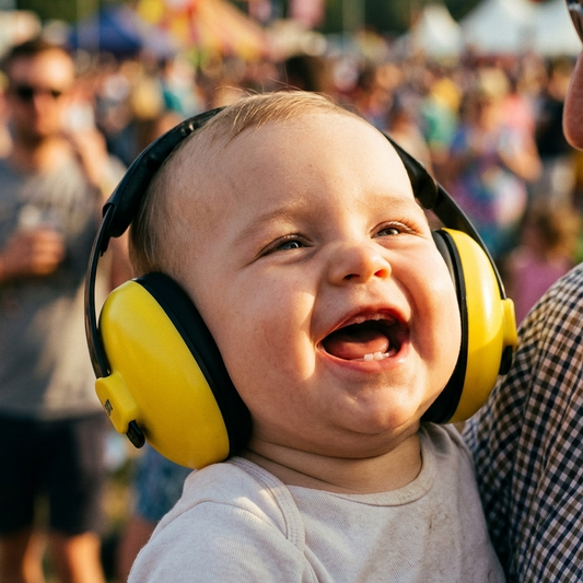 Yellow baby ear muffs outdoor festival lifestyle