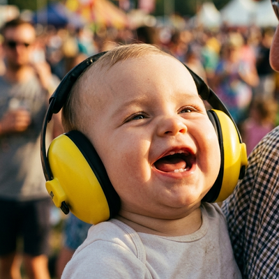 Yellow baby ear muffs outdoor festival lifestyle