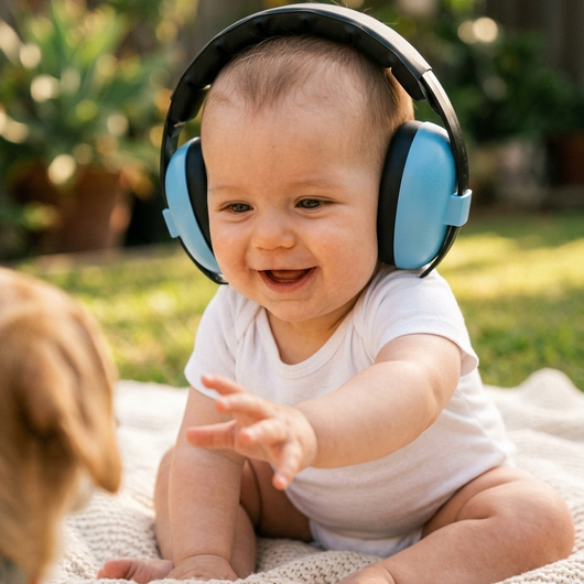 Blue baby ear muffs sunny backyard lifestyle