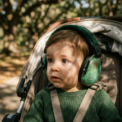 Green baby ear muffs park stroller lifestyle