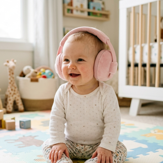 Pink Plush baby ear muffs play mat lifestyle