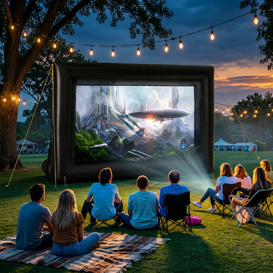 Inflatable outdoor movie screen set up in a backyard at night for a family movie night
