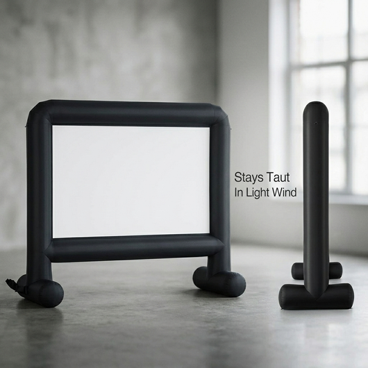Inflatable screen stays taut and flat in light wind