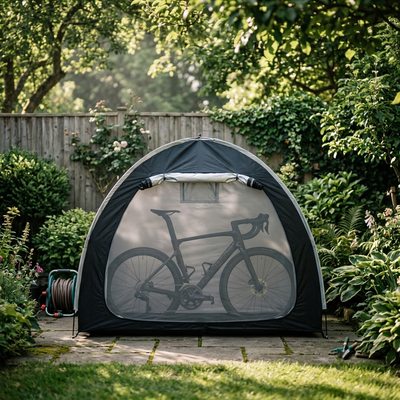 Black waterproof bike storage tent set up in residential backyard garden with road bikes inside