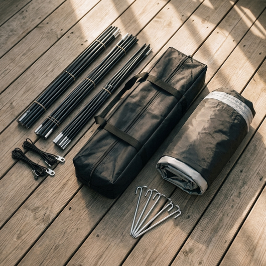Outdoor bike storage tent carry bag and folded components flat lay on wooden deck surface