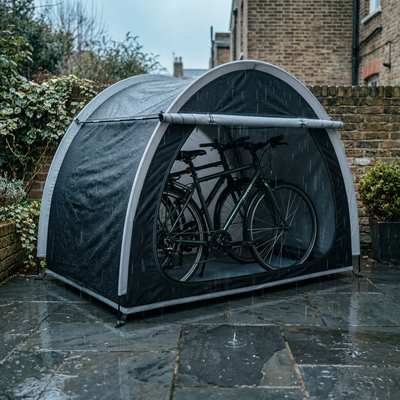 Black outdoor bike tent on rain-soaked patio protecting bicycles during rainfall