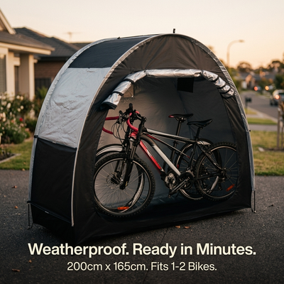 Black outdoor bike storage tent brand image Weatherproof Ready in Minutes text overlay