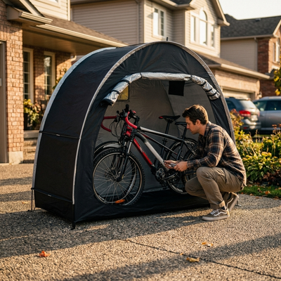 Black bicycle storage tent in suburban driveway, cyclist loading bikes in golden afternoon light