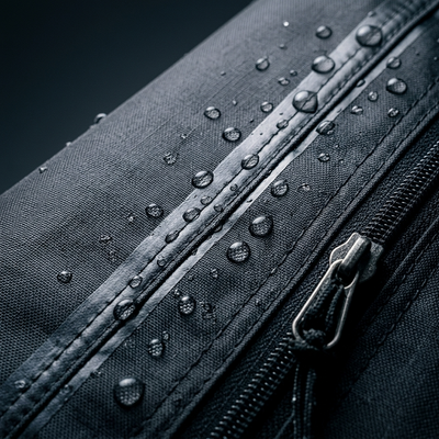 Close-up of waterproof UV-resistant polyester fabric on outdoor bike tent with water droplets beading off surface