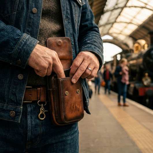 Brown leather waist pack worn at waist by traveler on train platform