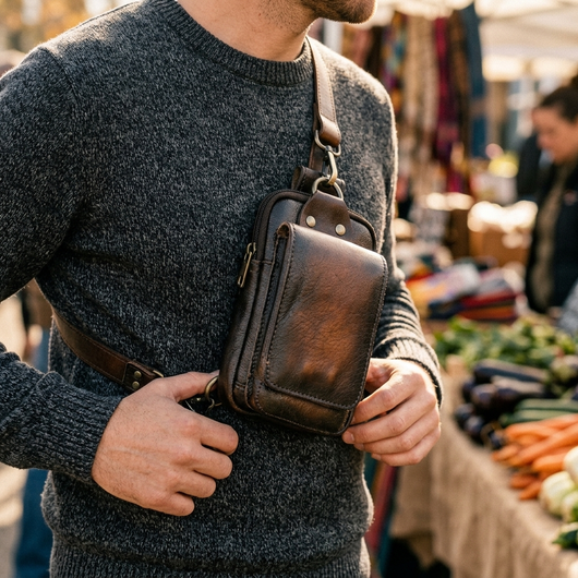 Vintage brown leather waist pack worn across chest at outdoor market