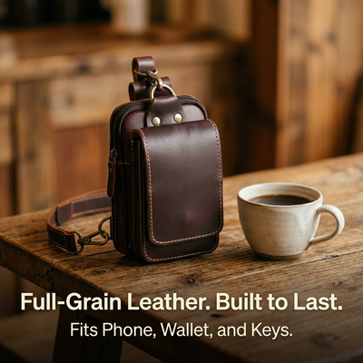 Leather waist pack brand image with Full-Grain Leather Built to Last text overlay