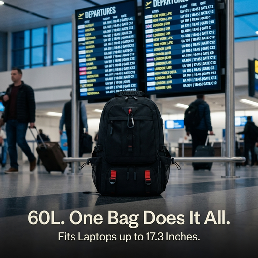 Black 60L travel backpack brand image with 60L One Bag Does It All text overlay