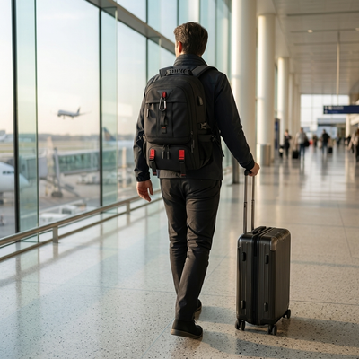 Black 60L travel laptop backpack worn by traveler walking through airport terminal