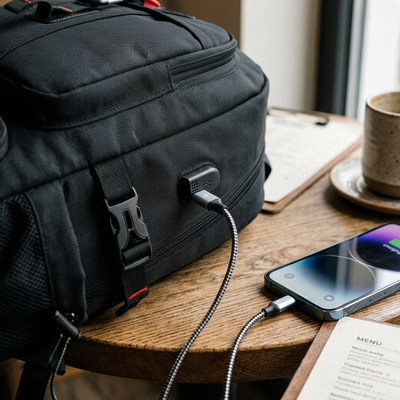 Close-up of USB charging port on black travel backpack charging phone at cafe