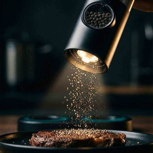 Close-up of electric mill LED light illuminating fresh ground seasoning falling