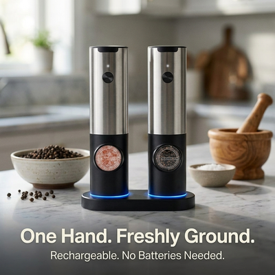Electric salt and pepper mill set brand image with One Hand Freshly Ground text overlay