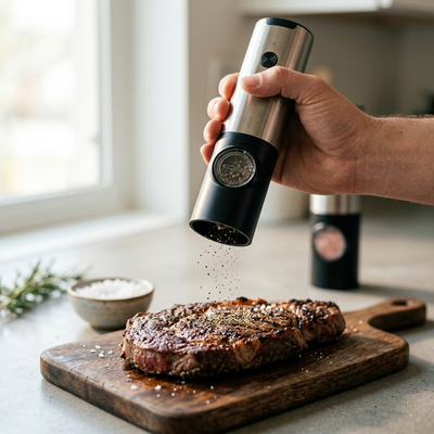 Silver electric salt mill seasoning grilled steak in bright modern kitchen