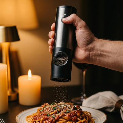 Black electric pepper mill grinding one-handed over pasta at candlelit dinner table