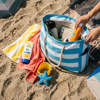 Light blue beach tote open on sand with family beach setup being unpacked