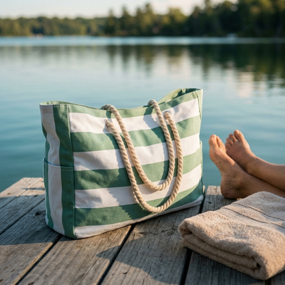 Green beach tote resting on wooden lake dock beside folded towel