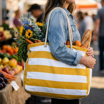 Yellow beach tote carried at farmers market with flowers and produce