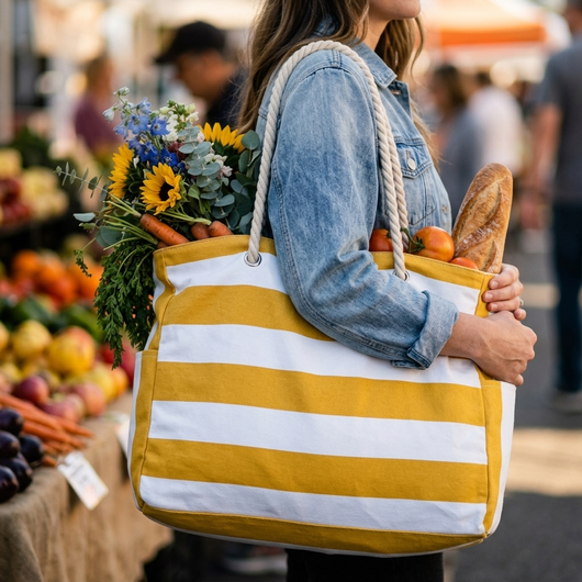 Yellow beach tote carried at farmers market with flowers and produce