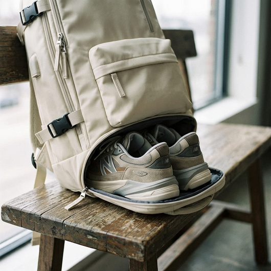 Close-up of shoe compartment unzipped showing sneakers in beige travel backpack