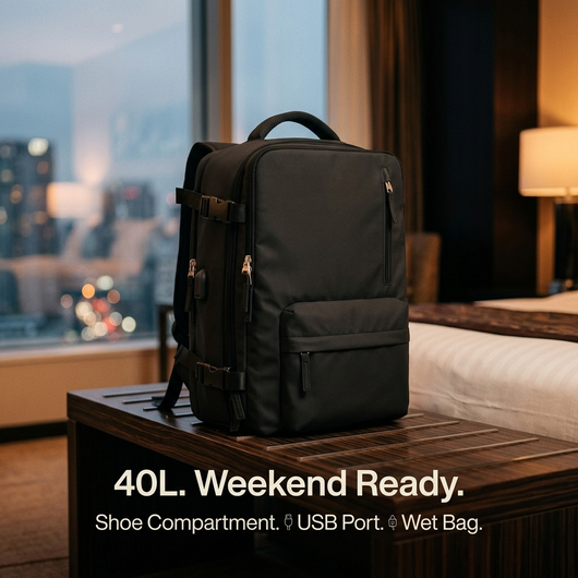 Black 40L travel backpack brand image with 40L Weekend Ready text overlay