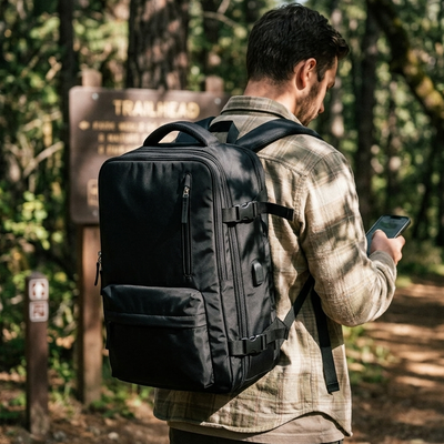 Black 40L travel backpack worn by hiker at forest trailhead