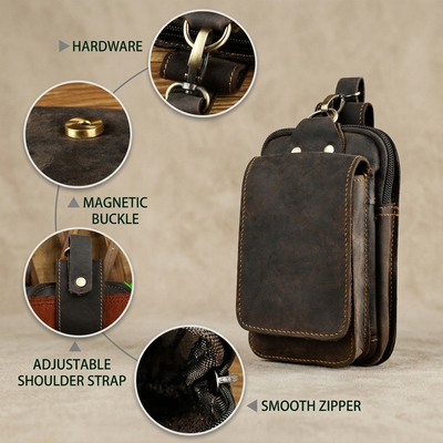 Dark brown leather waist pack feature overview with premium callouts