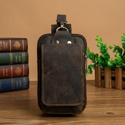 Dark brown leather waist pack dimensions and sizing detail