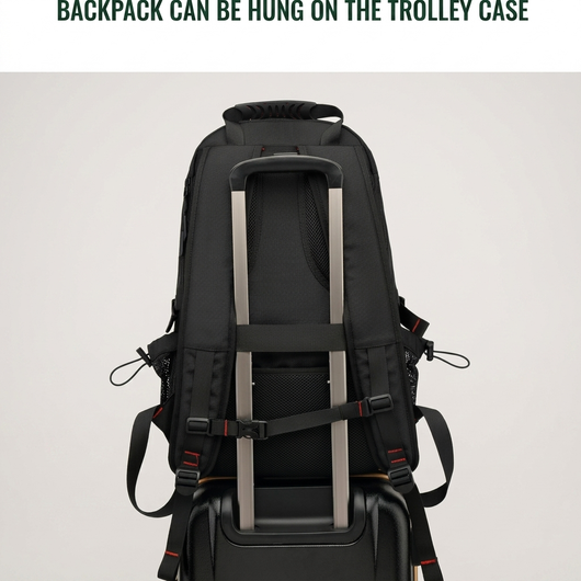 Black 60L travel backpack back panel straps and anti-theft pocket detail