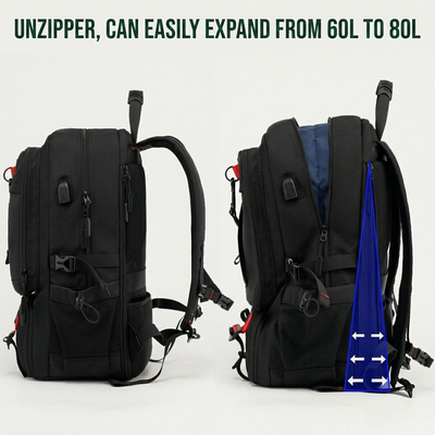 Black 60L travel backpack laptop sleeve and interior organization