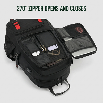 Black 60L travel laptop backpack compartment and feature detail